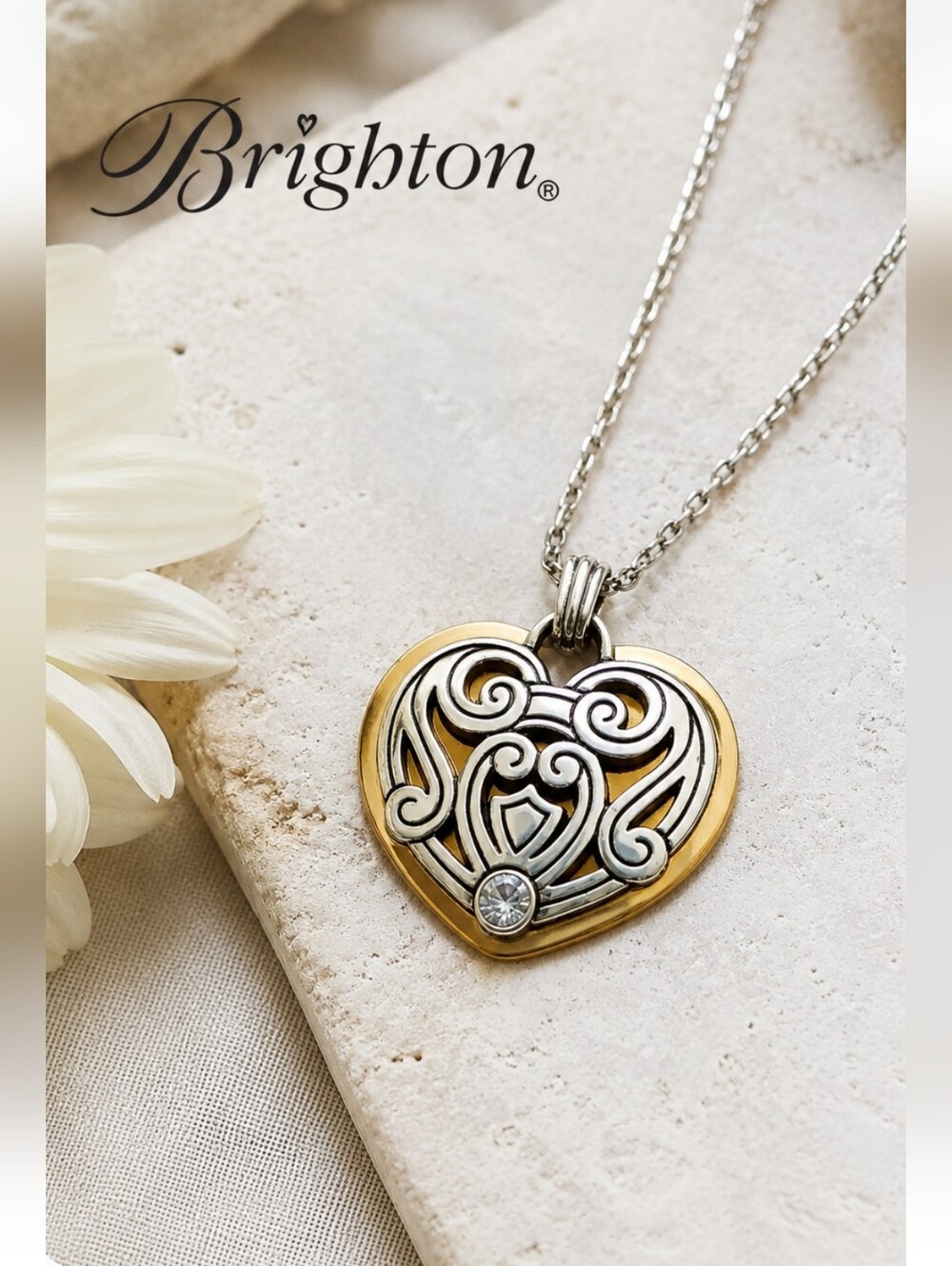 Brighton Alcazar Heart Two-Tone Necklace Crystal Pendant 16-18"